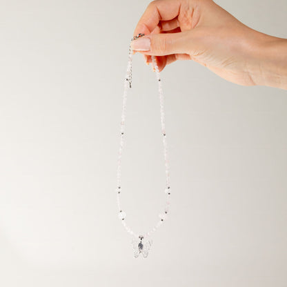 Collier Quartz Rose — Papillon en Vraie Feuille Argentée - photo 3