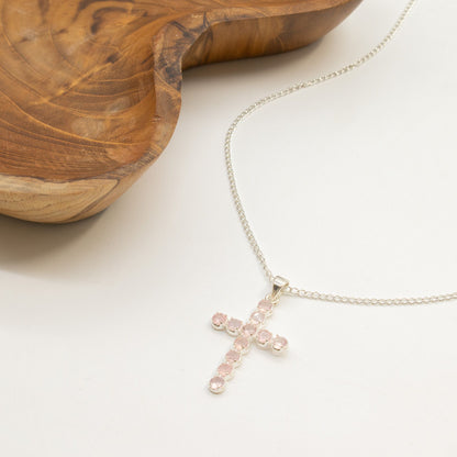 Pendentif Croix Argentée - Pierres Roses