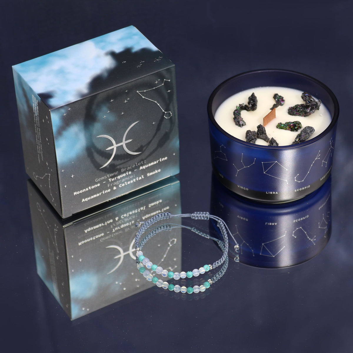 Bougie zodiaque Poissons en verre bleu, étui étoilé et bracelet de perles tressé