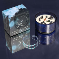 Bougie zodiaque Poissons en verre bleu, étui étoilé et bracelet de perles tressé