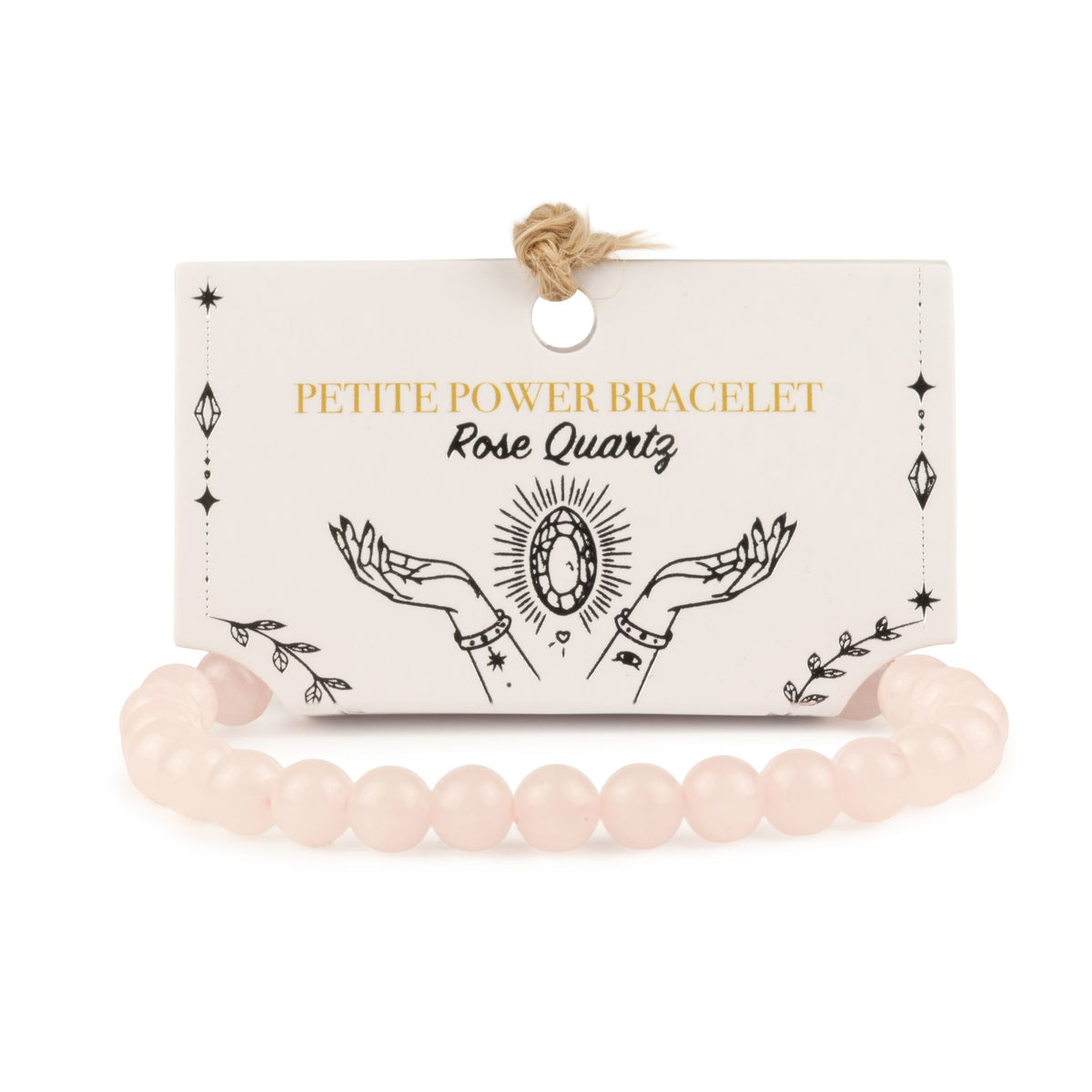 Bracelet en perles de quartz rose présenté sur une carte blanche illustrée