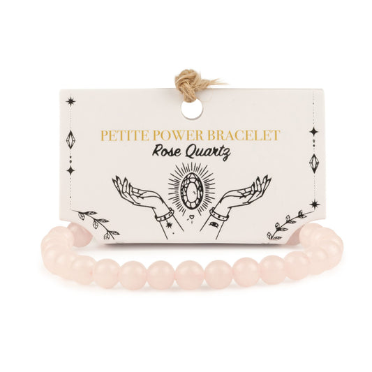 Bracelet en perles de quartz rose présenté sur une carte blanche illustrée