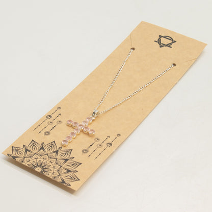 Pendentif Croix Argentée - Pierres Roses