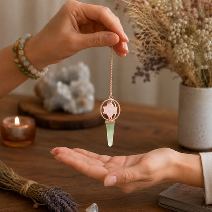 Pendule Merkaba tournante en Quartz rose et Aventurine verte