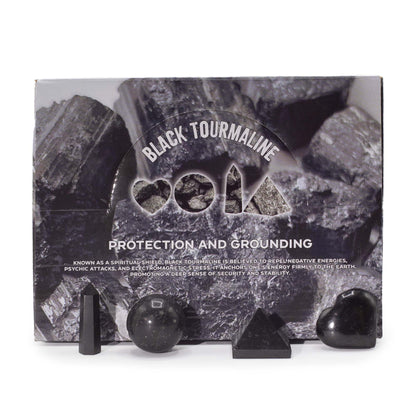 Set de 4 formes en Tourmaline noire - cœur, sphère, obélisque, pyramide