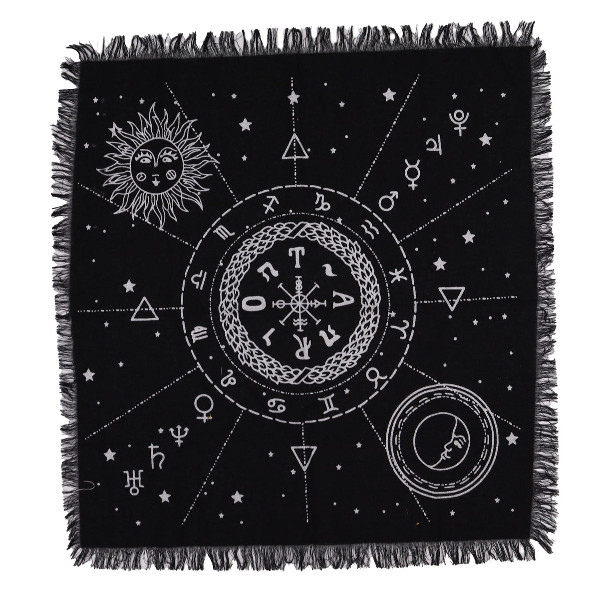 Tapis d'autel noir à franges avec soleil, lune et zodiaque argentés