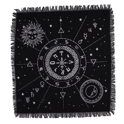 Tapis d'autel noir à franges avec soleil, lune et zodiaque argentés