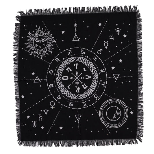 Tapis d'autel noir à franges avec soleil, lune et zodiaque argentés
