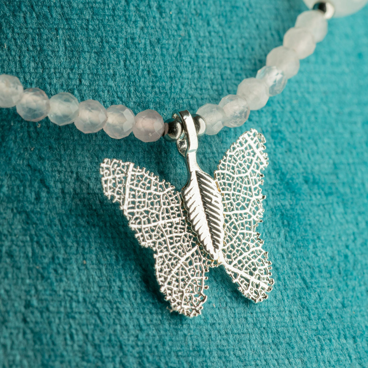 Collier Quartz Rose — Papillon en Vraie Feuille Argentée - photo 5