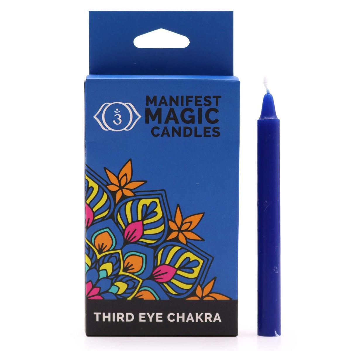 Boîte de bougies bleues chakra du troisième œil à motif mandala et bougie bleue