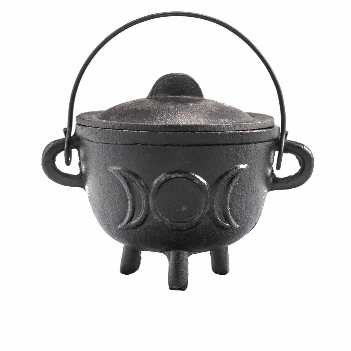 Chaudron en fonte noire à trois pieds avec couvercle, anse et motif Triple Lune