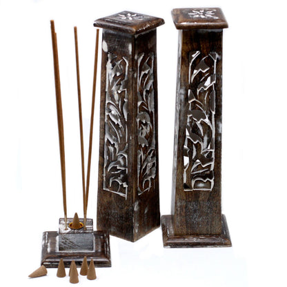 Tapered Incense Tower Washed Des2 - Mango Wood