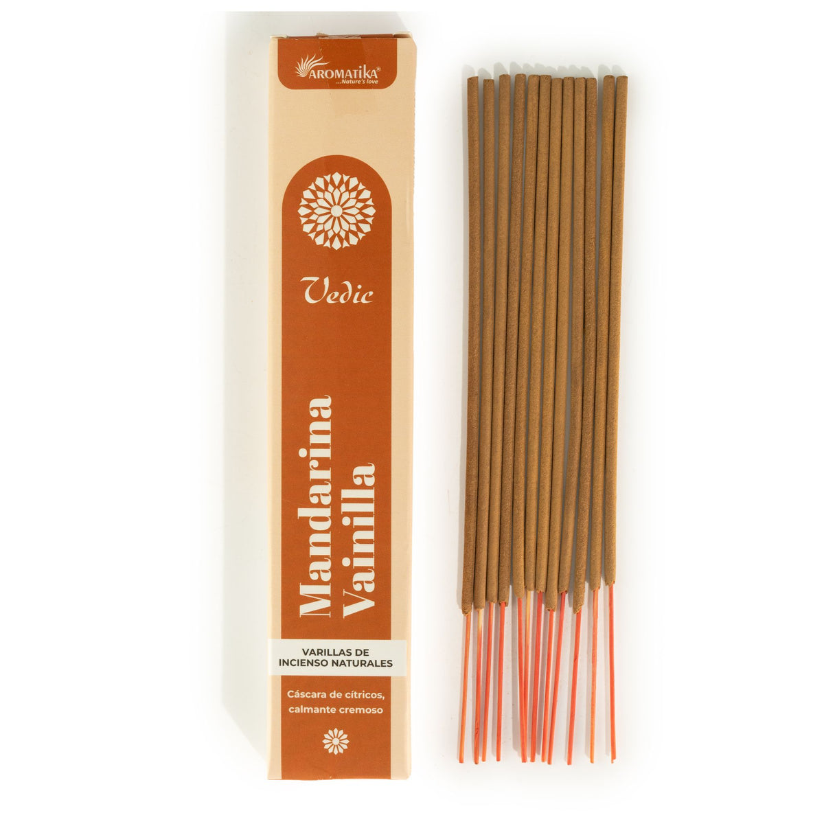 Boîte d'encens Vedic mandarine vanille et bâtonnets masala posés à côté