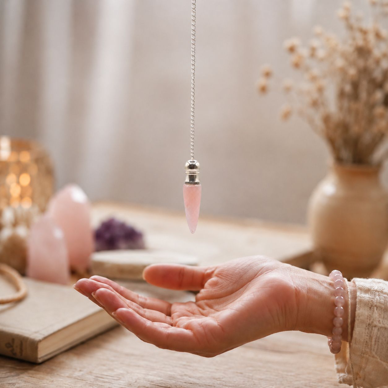 Pendule à cavité secrète en Quartz rose argenté