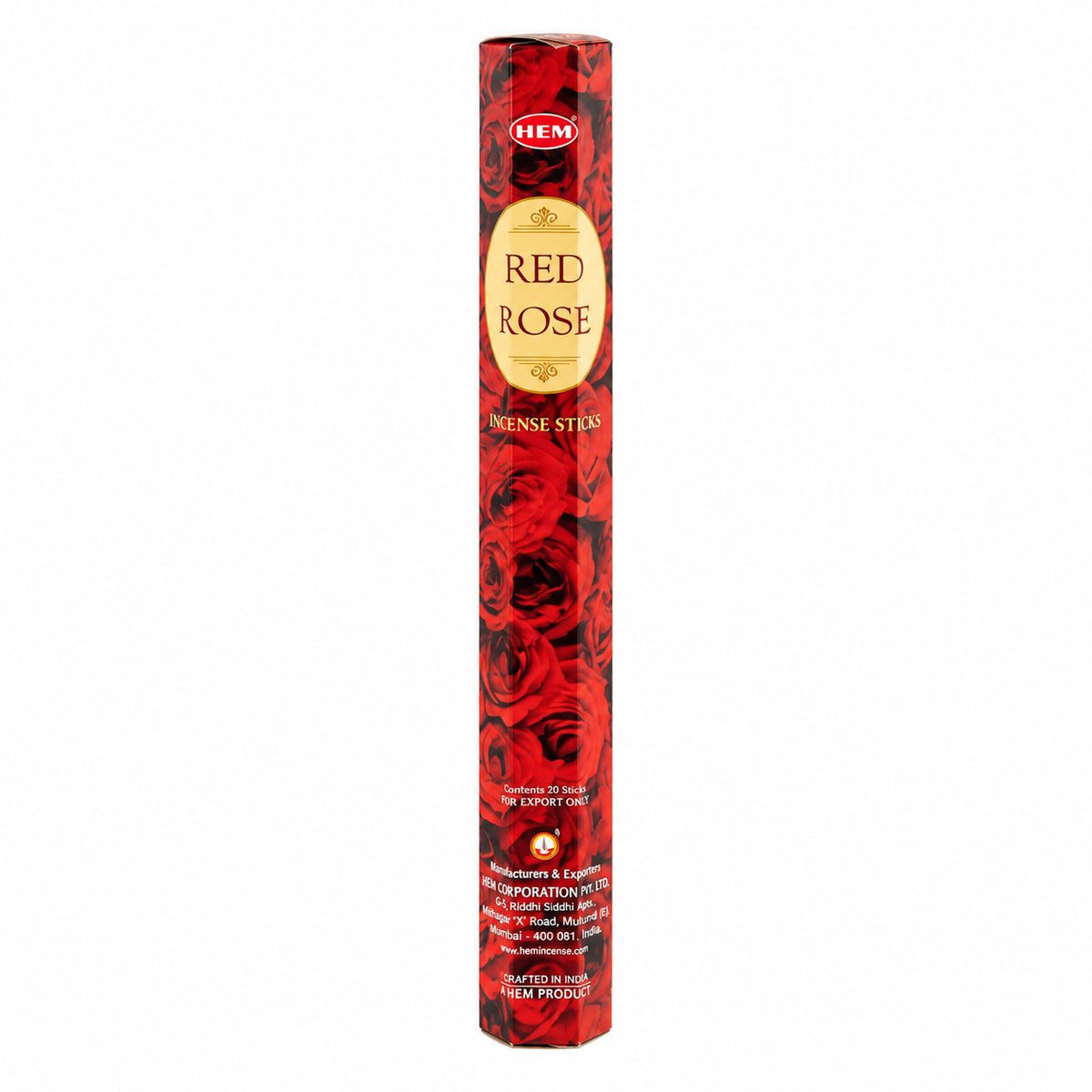 Étui hexagonal rouge d'encens HEM Rose Rouge orné de roses, sur fond blanc