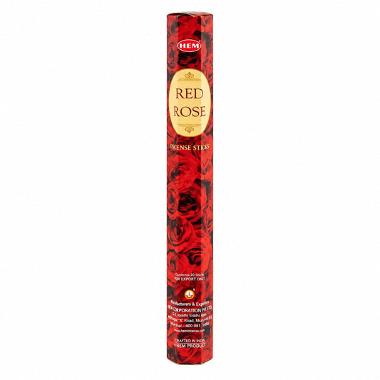 Étui hexagonal rouge d'encens HEM Rose Rouge orné de roses, sur fond blanc