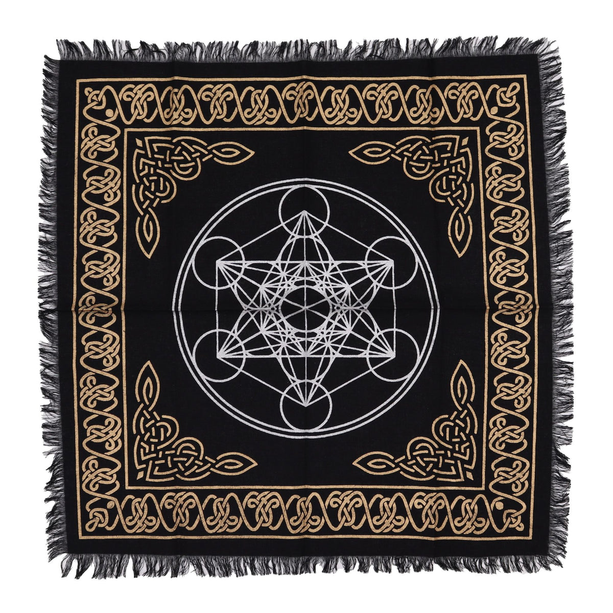 Tapis d'autel noir à franges avec Cube de Métatron argenté et bordure celtique dorée