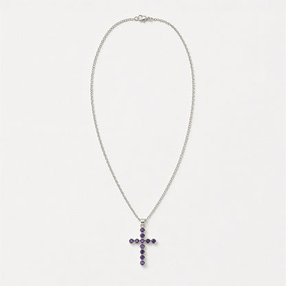 Pendentif Croix Argentée - Pierres Violet Profond