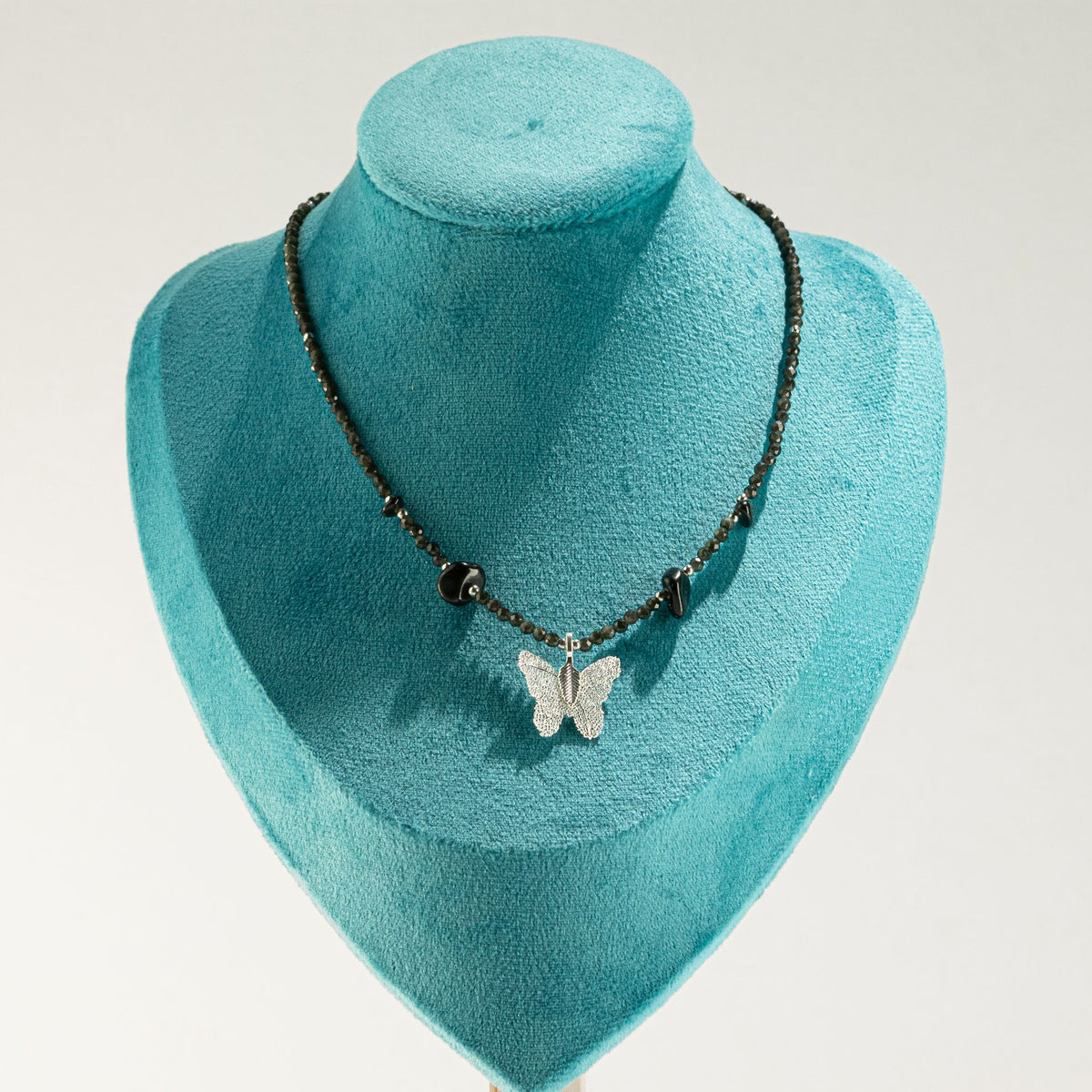 Collier Obsidienne Noire — Papillon Feuille Naturelle Argentée - photo 6