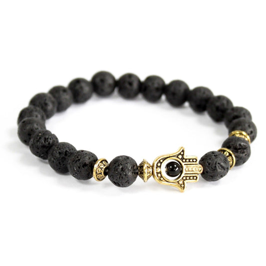 Bracelet boho - Gold Hamsa / Lava Stone