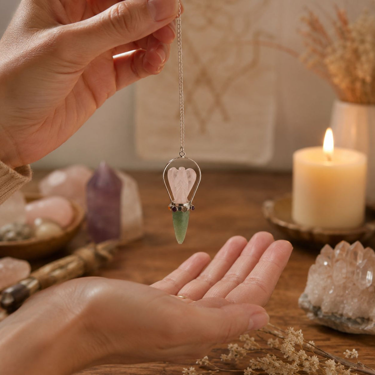 Pendule ange en Quartz rose et Aventurine verte - 7 chakras