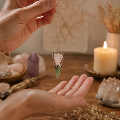 Pendule ange en Quartz rose et Aventurine verte - 7 chakras