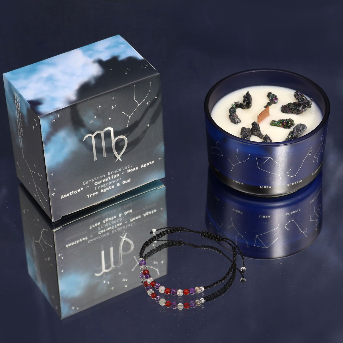 Bougie zodiaque Vierge en pot bleu, sa boîte et bracelet en pierres