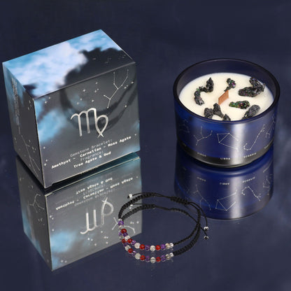 Bougie zodiaque Vierge en pot bleu, sa boîte et bracelet en pierres