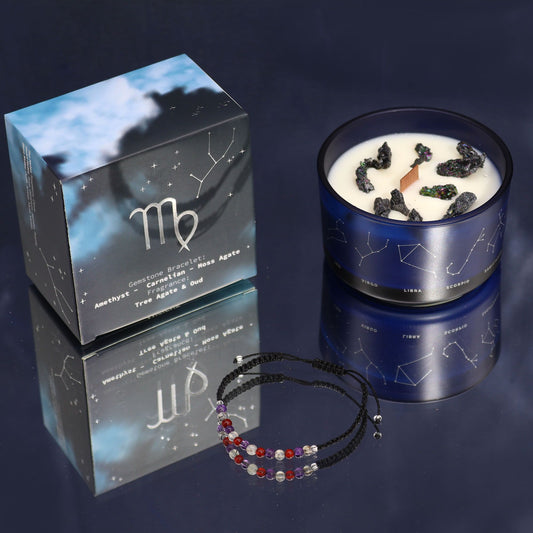 Bougie zodiaque Vierge en pot bleu, sa boîte et bracelet en pierres