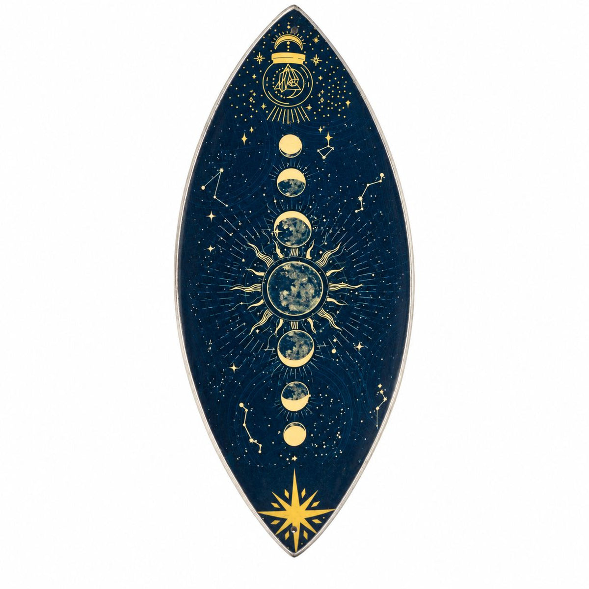 Porte-encens émaillé bleu nuit orné de phases de lune, soleil et constellations dorées