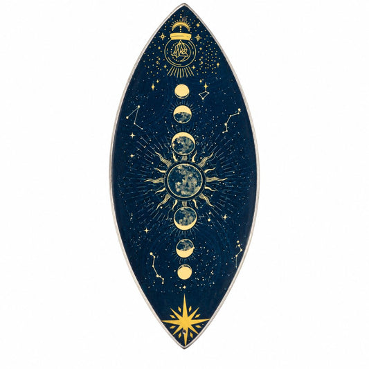 Porte-encens émaillé bleu nuit orné de phases de lune, soleil et constellations dorées
