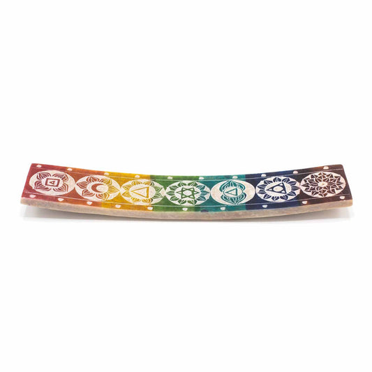 Porte-encens allongé en stéatite décoré des sept symboles de chakras colorés