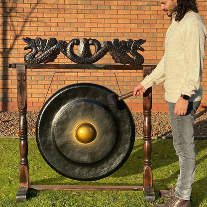 Gong Balinais 80cm — Support Dragon Sculpté Brun – photo 4