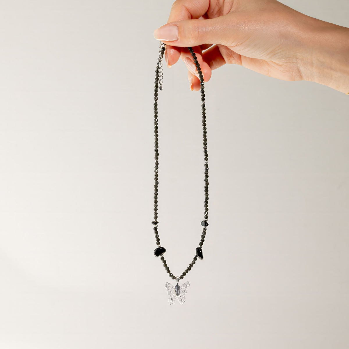 Collier Obsidienne Noire — Papillon Feuille Naturelle Argentée - photo 4