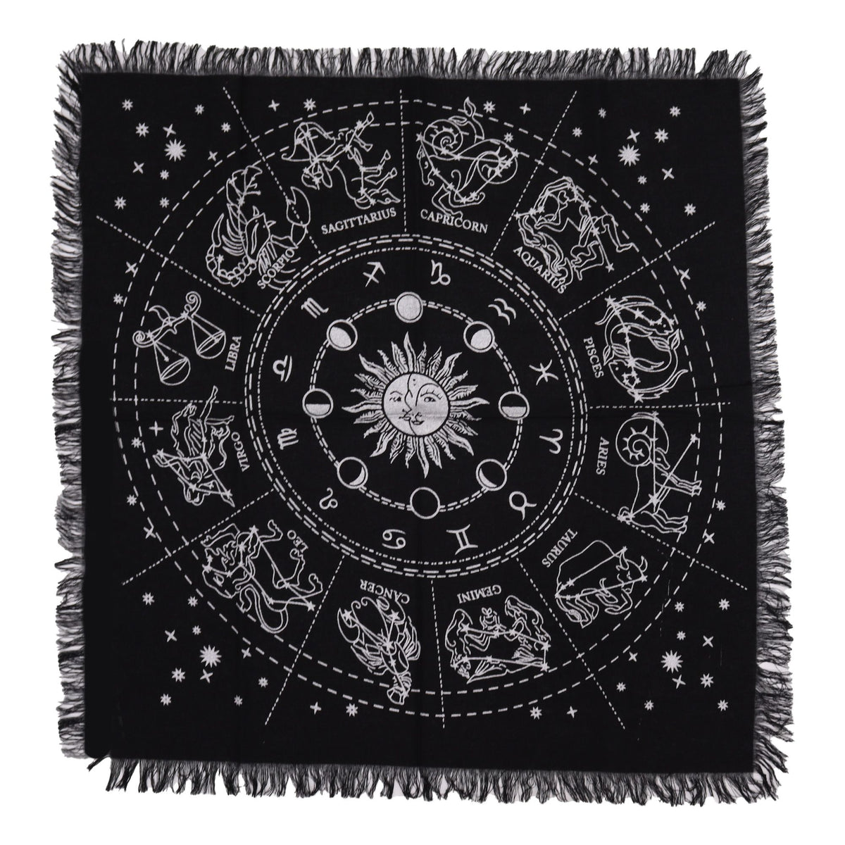 Tapis d'autel noir à franges orné d'une roue du zodiaque argentée