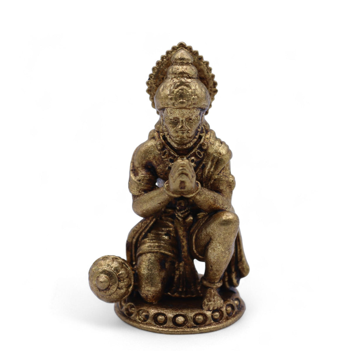 Statuette miniature d'Hanuman en laiton agenouillé, mains jointes, massue à ses côtés