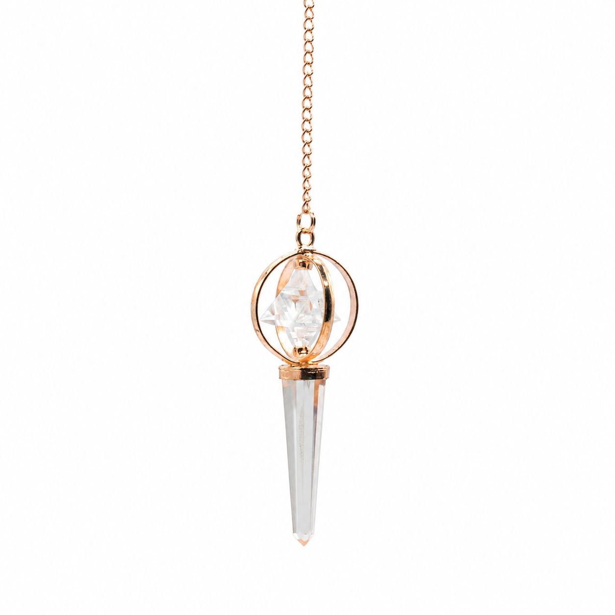 Pendule Merkaba tournante en Cristal de roche et cuivre