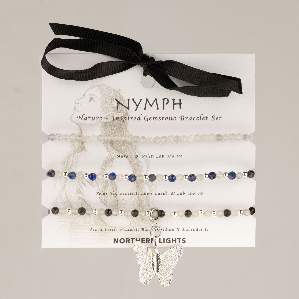 Trois bracelets en Labradorite, Lapis Lazuli et Obsidienne sur carte illustrée avec papillon
