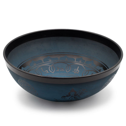 Bol chantant bleu en aluminium gravé de fleurs de vie et pétales de lotus