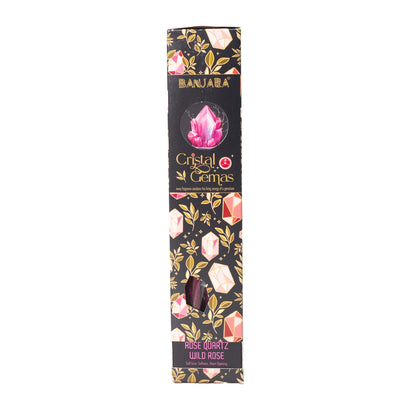 Boîte d'encens Banjara Cristal Gemas Quartz Rose, décor noir avec cristaux roses et feuillages dorés
