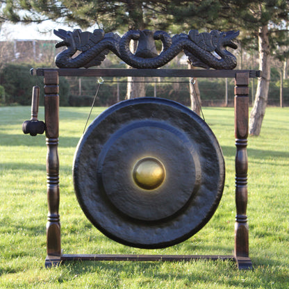 Gong Balinais 80cm — Support Dragon Sculpté Brun