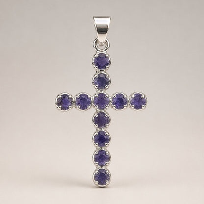 Pendentif Croix Argentée - Pierres Violet Profond
