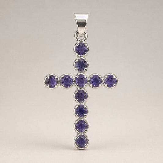 Pendentif Croix Argentée - Pierres Violet Profond