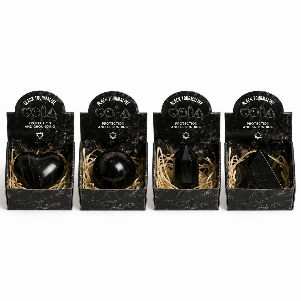 Set de 4 formes en Tourmaline noire - cœur, sphère, obélisque, pyramide