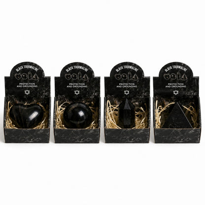 Set de 4 formes en Tourmaline noire - cœur, sphère, obélisque, pyramide