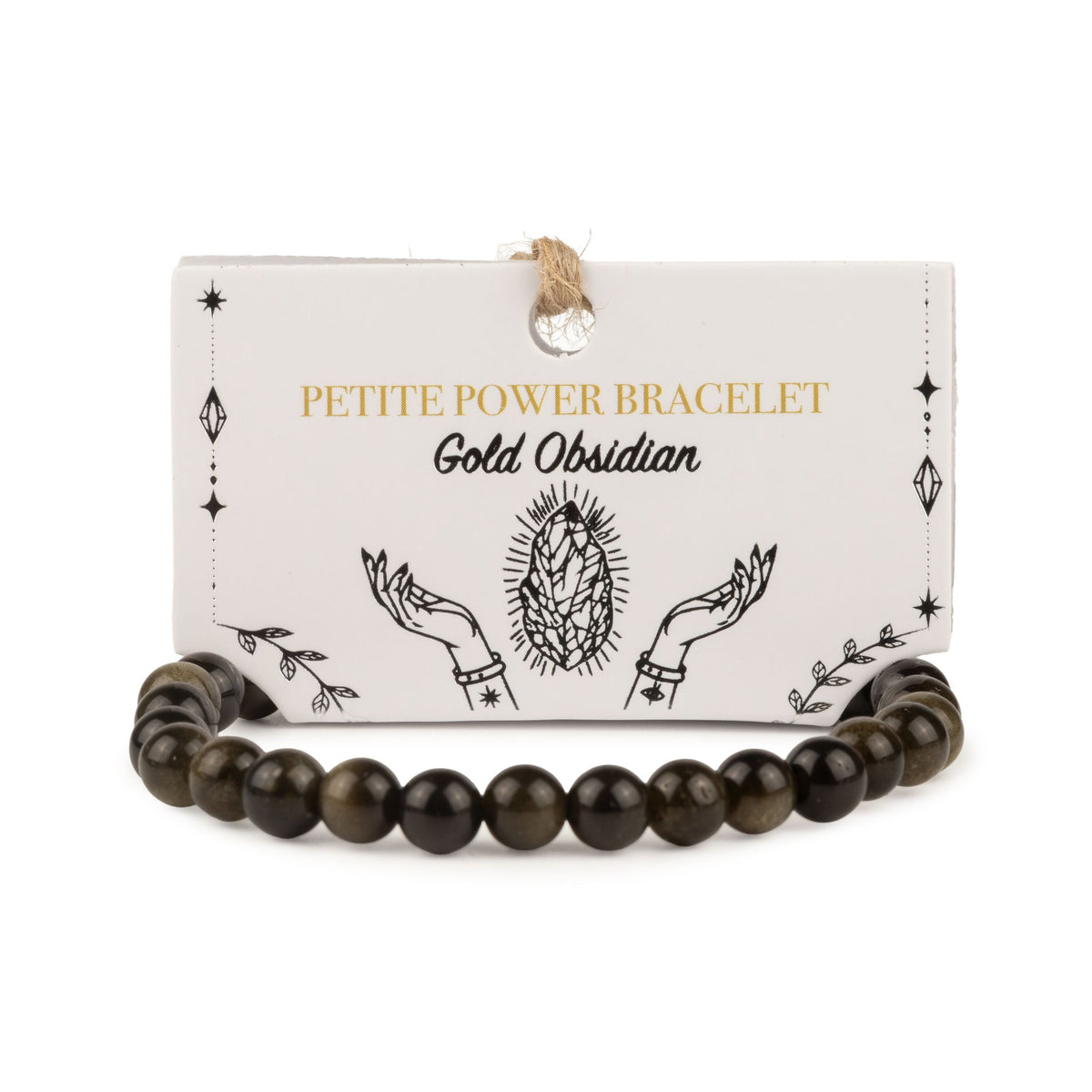 Bracelet en perles d'obsidienne dorée posé devant sa carte de présentation illustrée