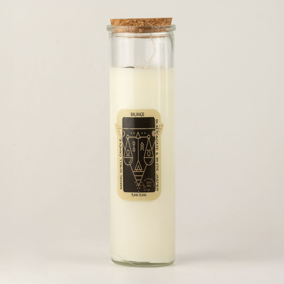 Bougie blanche en pot de verre avec bouchon en liège et étiquette Balance
