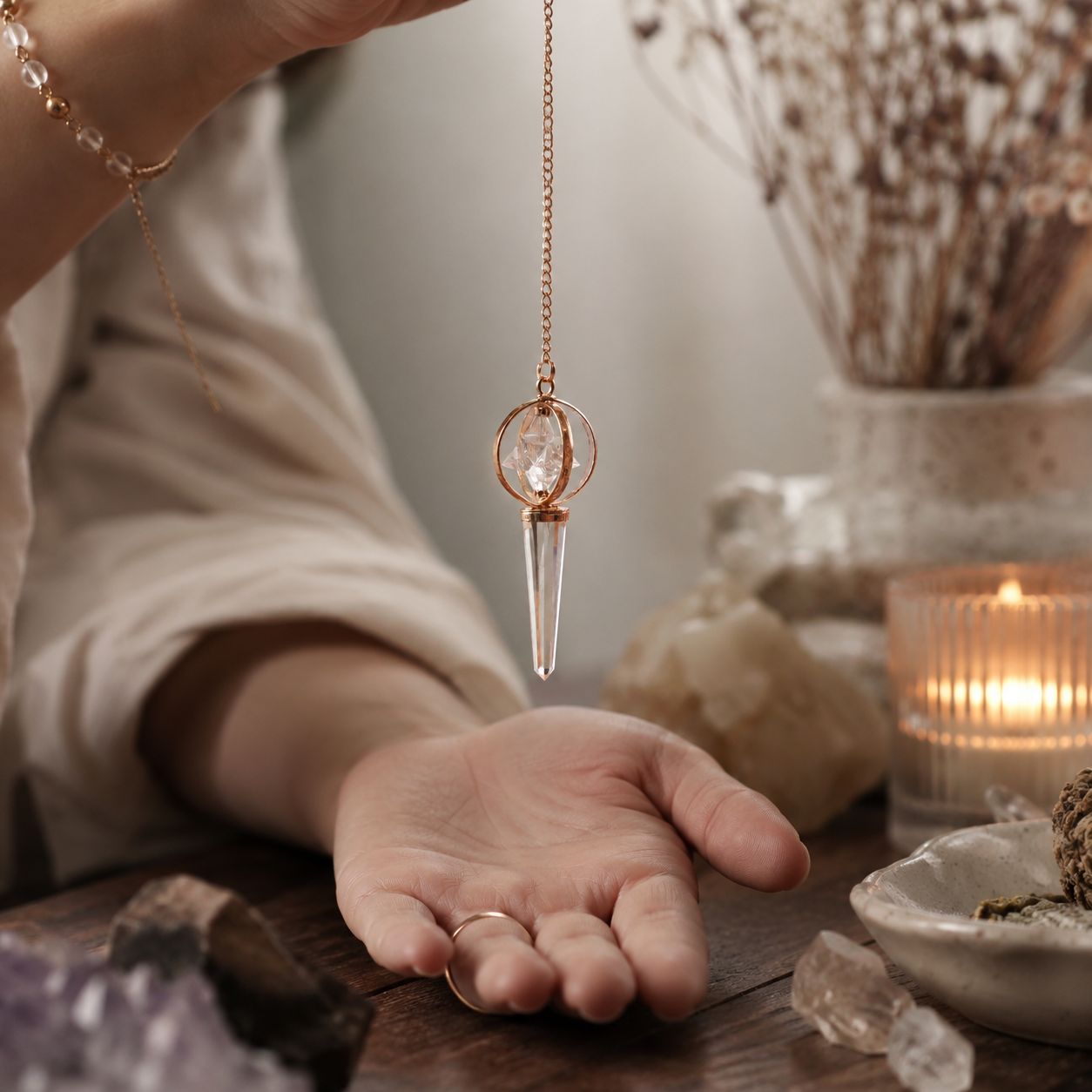 Pendule Merkaba tournante en Cristal de roche et cuivre