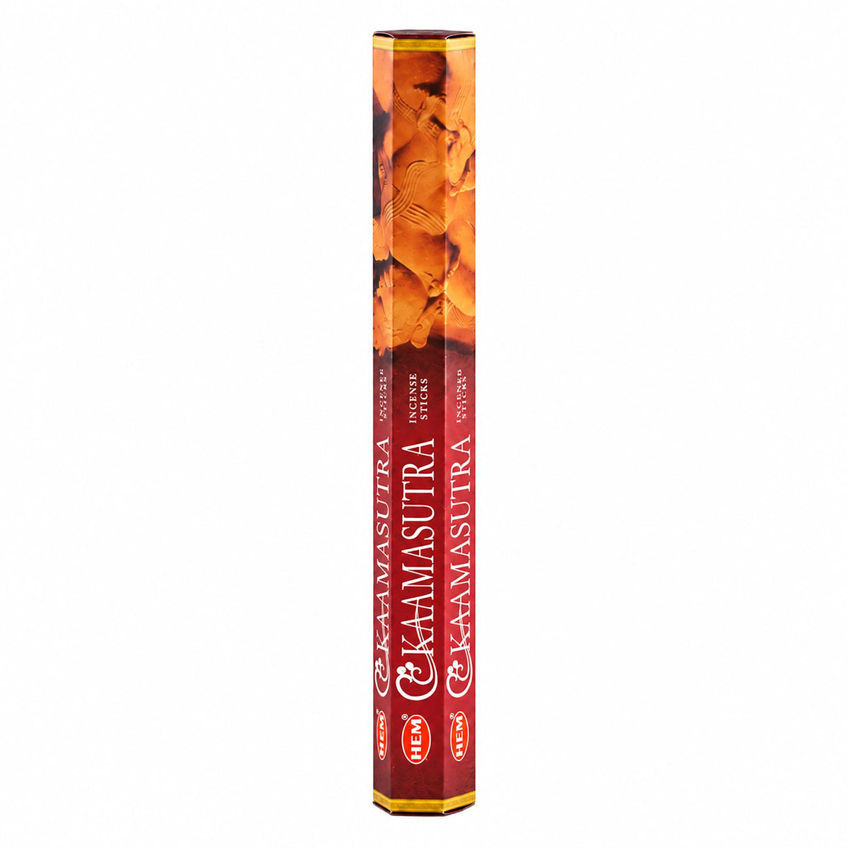 Étui hexagonal rouge et orangé d'encens en bâtonnets HEM Kamasutra sur fond blanc