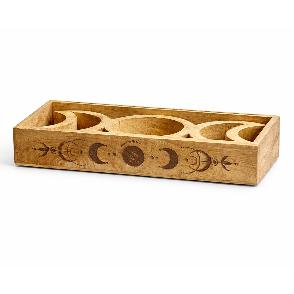 Plateau rectangulaire en bois clair gravé de phases de lune avec compartiments en croissants